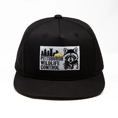 Custom Flat Embroidery Logo Flat Brim Baseball Cap Black Twill Pittsburgh Raccoon Snapback Hat Wholesale