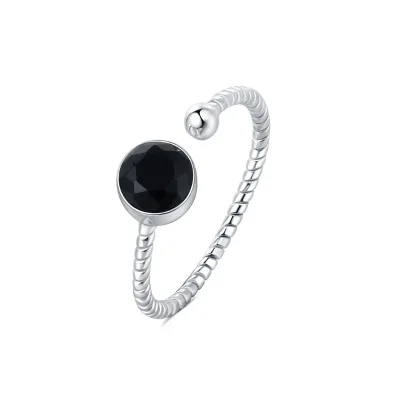Twisted Black Zirconia Open Resizable Ring 925 Sterling Silver Casual Rings for Ladies