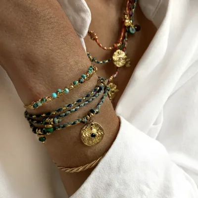 Boho Style 18k Stainless Steel Bracelet With Natural Stone Crystal Bohemia Colorful Rope Handwoven Braided Bracelet for Women