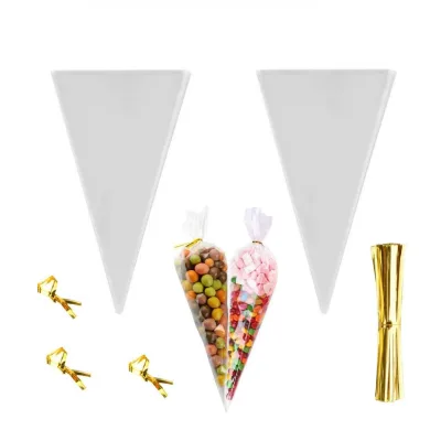 Clear Cone Bag Popcorn Bags Triangle Cellophane Bags with Twist Ties for Baking, Candy, Cookie