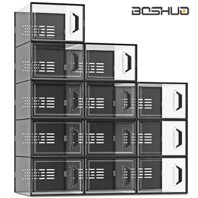 BOSHUO Modular Stackable Shoe Storage Boxes Transparent Doors Ventilated Design Space Saving 10-20L Capacity DIY Garment