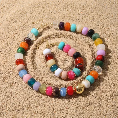 Mixed Color Round Acrylic Beads Necklace and Bracelet Jewelry Set with Gold Metal Spacers Adjustable Chain for Daily Casual Wear