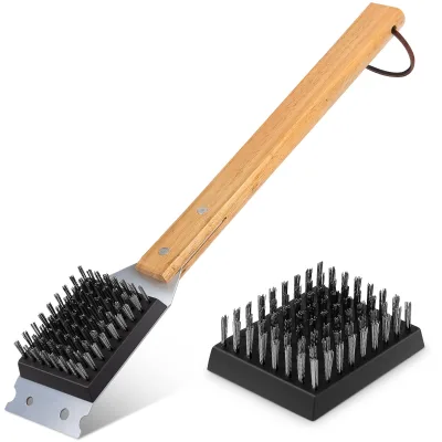 High Temperature Resistance Reinforced Wooden Handle Stainless Steel Bristles Head Wire Grill Brush