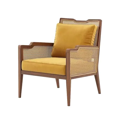 Rattan Single Sofa Chair Solid Wood Backrest Wabi-Sabi Style Modern and Simple Leisure Recliner for Balcony and Living Room
