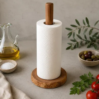Wooden Paper Towel Holder Stand, Rustic Honey Wood Base, Farmhouse Kitchen Roll Rack for Countertop, Bulk Home Use