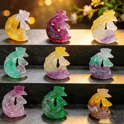Wholesale Natural Color Rainbow Fluorite Nine Tailed Fox Carving Moon Fox Crystal Figurine for Home Decoration