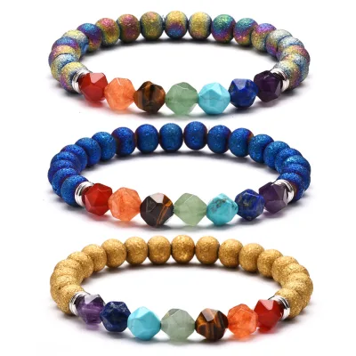 Factory Wholesale Gemstones Bracelet Energy Agates Stone Yoga 7 Chakra lava Stone Bracelet for Gift