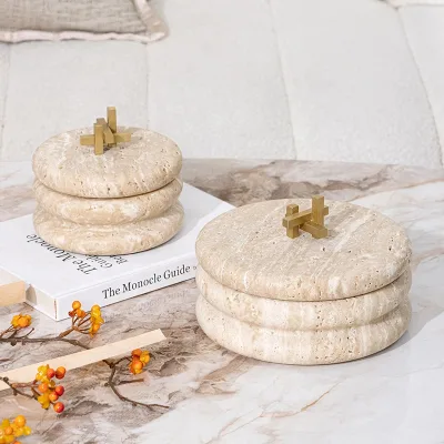 2026 New Luxury Travertine Storage Jar with Brass Cross Knob Dia200*120 Dia150*120 Beige Gold Decorative Canister for Home