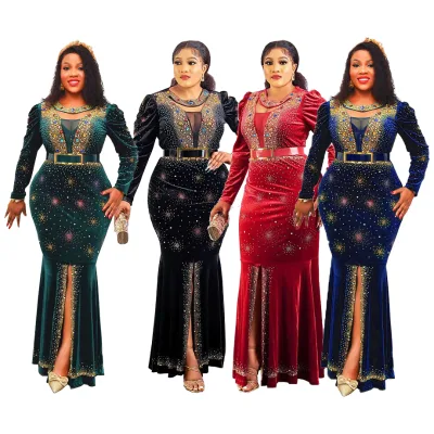 Luxury Slim-Fit Fishtail African Dress for Women New Long Sleeve Beaded Polyester Velvet Dashiki Abaya Plus Size Breathable