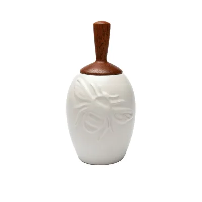 Custom White Honey Jar With Wooden Dipper Ceramic Unique Folk Crafts Honey Pot Ceramic Jar
