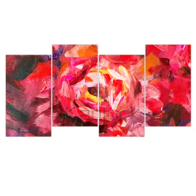 4 Panel Sets Hand Painted Abstract Red Rose Flower Canvas Painting Wall Art