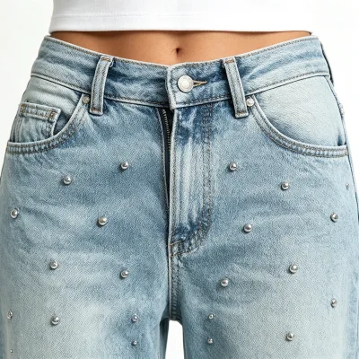 Hot Rhinestone Wide Leg Jeans Women Light Wash High Waist Denim Pants Vintage Streetwear Custom Logo Loose Fit Wholesale OEM