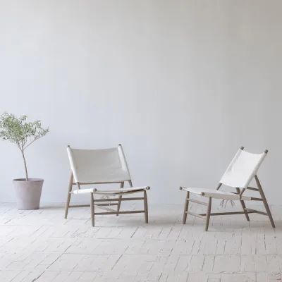 Wabi -sabi Authentic Mid century Contemporary Natural Oka Canvas Holiday Wood Costable Lounge Leisure Relaxed Accent Chair