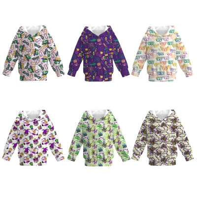 Customized Kids Clothes Girls Spring Mardi Gras Dropped Shoulder Sleeve Sleeve Soft Milk Silk Hoodie Top with Pocket