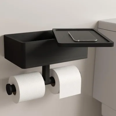Hot Sale Black Bamboo Toilet Paper Holder Storage Toilet for Bath Multi-purpose Rack with 180°rotatable Lid Design