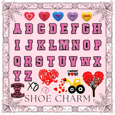 Fashion New Designer Heart-shaped 2D Pvc Xoxo Shoe Charm Pink Letter Shoe Charms for Clog Wristbands Decoration for Shoe Shop
