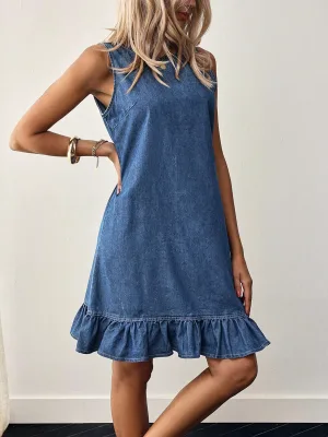 Stretchy Women Denim Dress Sleeveless A-Line Ruffle Hem Skirt Fashion Back Button Loose Lady Casual Blue Shift Dresses 2026