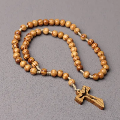 Hand Knotted 10mm Wood Bead Rosary With Hollow Dove Cross Pendant for Catholic Religious Prayer Jewelry Gift