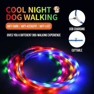 USB Rechargeable LED Silicone Dog Collar Cuttable Flashing Light up Night Safety Anti Lost Warning for Dogs Multiple Light Modes