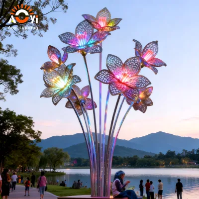 Metal Lily Flower Light Sculpture with RGB Color Changing LED for Lakefront Park and Tourist Scenic Spot Large Outdoor Landscape