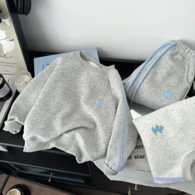 2026 New Spring Children's Cotton Cartoon Embroidered Blue for Sweater Set Boys Girls Sports Casual Two-Piece Sweatshirt