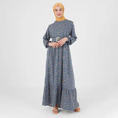 Customization Service Patterned Modest Indigo Printed Floral Ramadan Robe Abaya Muslim Women Dress