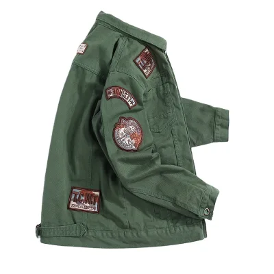 Men's American Style Badge Patch Design Slim Denim Jacket Vintage Letters Patchwork Coat Outerwear