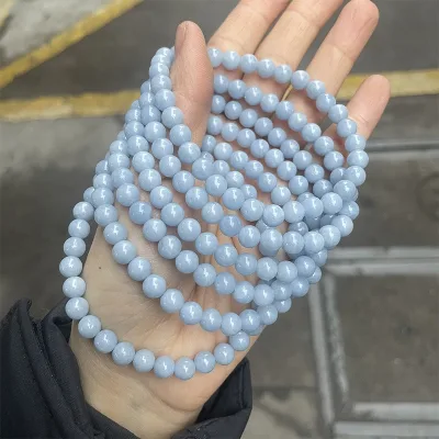 Natural Angelite Smooth Round Beaded Bracelet Gemstone Yoga Bracelet Peace Inner Guidance Soothing and Peaceful Energy 4-12mm