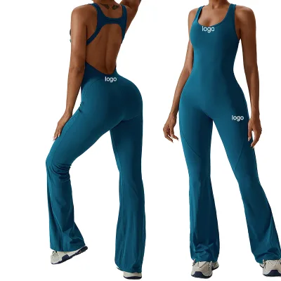 Women's Flare Jumpsuit with Straps Scoop Neck Full Length Casual Unitard Playsuit for Sports Yoga Jumpsuit