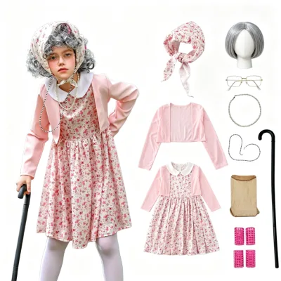 wholesales 100th Day Halloween Old Lady Costume for Children Kids 8-10 Years Granny Wig & Grandma Glasses