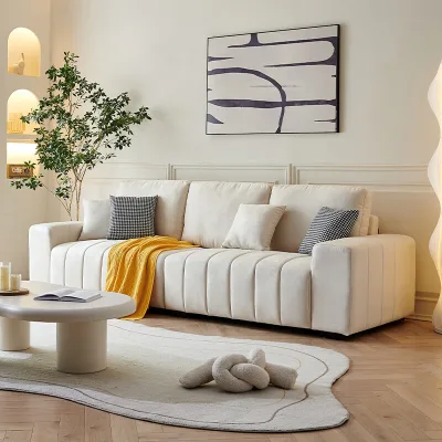 Light Luxury Three-Seat Cream Fabric Sofa Set Wind Modular Piano Key Tofu Block Technology for Small Living Room or Apartment