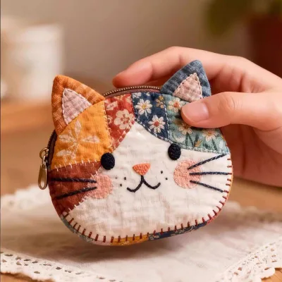 Japanese-style Color-Block Patchwork Kitty Coin Purse Cartoon Stylish Nylon Cosmetic Bag Student Ruler Stationery Organizer