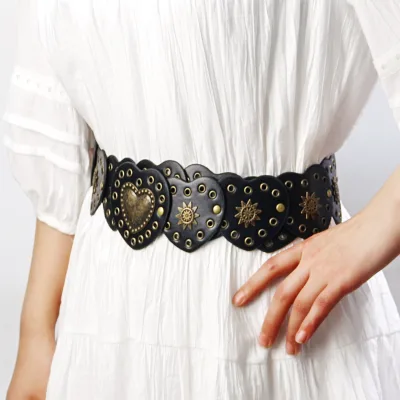 Western European Vintage Style Belt 16 Pieces Heart Hollow Y2K Art Retro Versatile Adjustable Waist PU Belt
