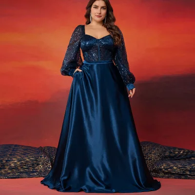Impereal Luxury Satin A-Line Mother of Bride Dress Elegant Women's Plus Size Maxi Dress V-Neck Long Sleeve Sequins Parties Prom