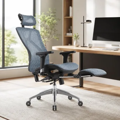 Supplier Direct Blue Gray Reclining Mesh Office Chair Ergonomic Executive Desk Chair with Pull Out Footrest