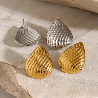 INS High End Stainless Steel 18k Gold Plating Multi Layers Texture Water Drop Shape Earrings for Women