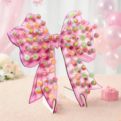 Pink Bow-Tie-Shaped Wooden Lollipop Stand with Bow Display Rack Minimalist Modern Artificial Christmas Table Centerpiece
