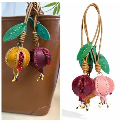 Genuine Leather Pomegranate Fruit Pendant Creative Handmade Fashion Delicate Handbag Ornament Cute Personalized Bag Accessories