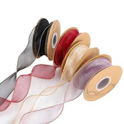 Customized Floral Organza Bow Ribbon Spool for Christmas Gift Wrapping Gold Edge Wrinkle-Resistant 9m Length Clothing