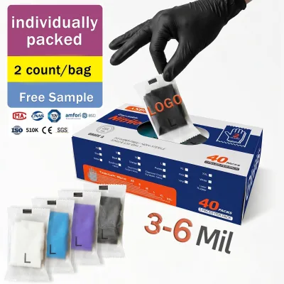 Black Disposable Nitirle Gloves Two Count Per Pack Individual Wrapped Latex Free Food Grade Tattoo Salon Cleaning Travel Use
