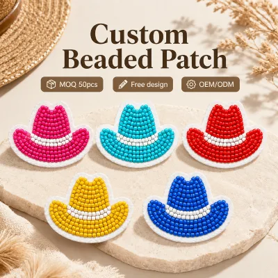 Trendy Colorful Beaded Patches Cowgirl Hat Shape Bead Applique for Coastal Cowgirl Aesthetic Apparel Decoration Wholesale Bulk