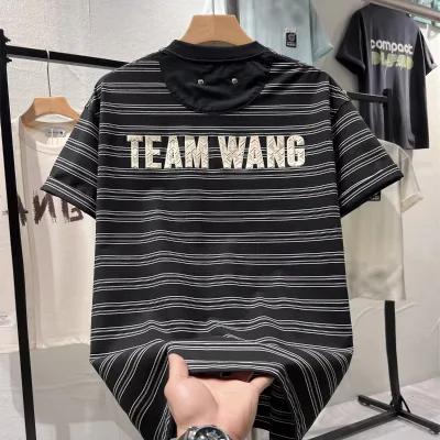 Men's Casual Loose Fit Cotton Oversized Tee 260Gsm Heavyweight Short Sleeves Striped T-Shirt with Printing
