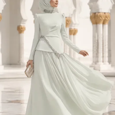 YSU040 Muslim Maxi Dress Set with Diamond Trimming Breathable Modal Material Streamlined Design for Muslim Women