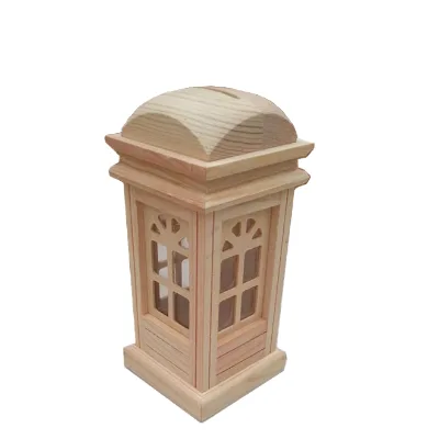 Unfinished Wooden Savings Bank Custom Piggy Bank Solid Wood Vintage British Style Telephone Booth Money Box Wood Cash Coin Box