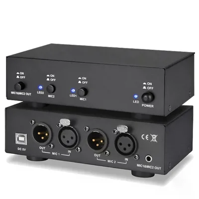 2-Channel 48V Phantom Power Supply with Metal Construction 35mm Audio Cable for MIC Music Recording