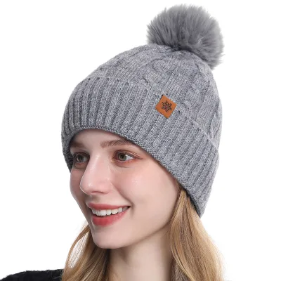 Wool Blend Knitted Beanie Autumn/Winter Womens Cold-Weather Ear-Warming Solid-Color Outdoor