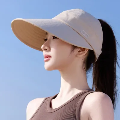 Summer New Large Brimmed Sunscreen Hat for Women, UV Resistant Empty Top Sunscreen Hat Foldable Outdoor Cycling Sun Hat