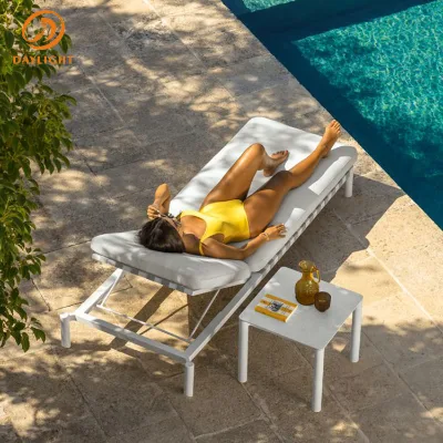 Modern All-White Outdoor Chaise Lounge with Side Table, Sleek Adjustable Patio Sunbed with Lightweight Frame for Resorts