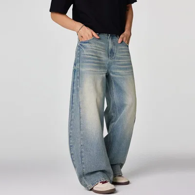 Rarely-seen Three-dimensional Hand-sewn Craftsmanship Loose Curved-blade Water-washed Blue High-quality Jeans