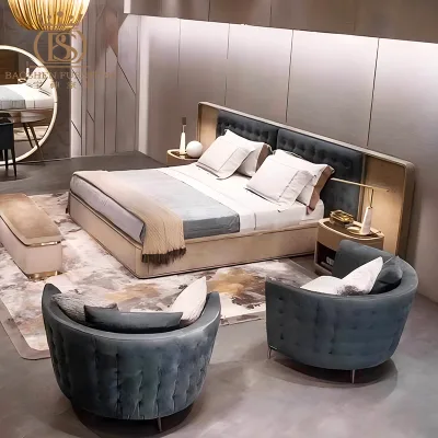 BS Luxury Wooden Bedroom Sets King Size Bed Classic European Style With Headboard for Villas Project